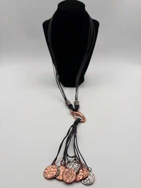 From Paris Multi Strand Leather Necklace Copper Disc Tassel